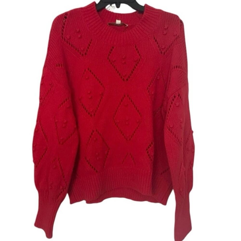 LOFT Red Chunky Knit Sweater XL Diamond Pointelle Textured Cozy Cottage NWT